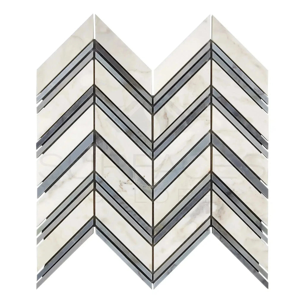 Chevron patterned mosaic tile in Calacatta Gold with Blue-Gray accents