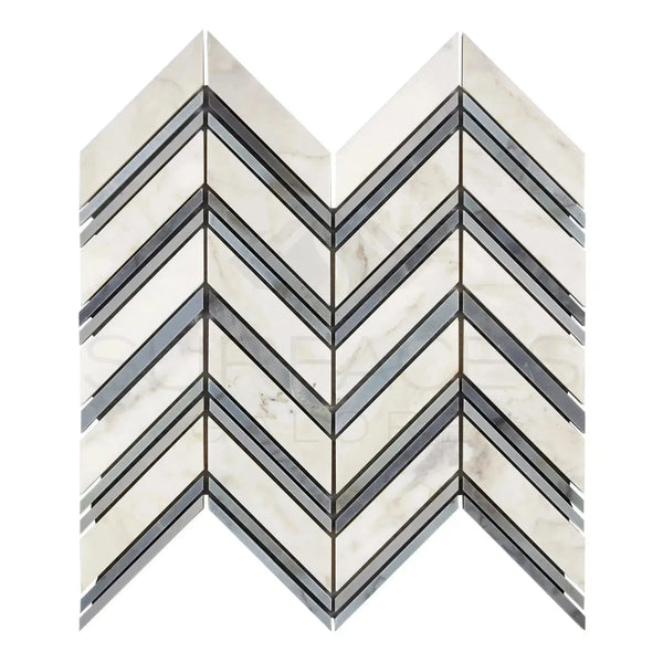 Chevron patterned mosaic tile in Calacatta Gold with Blue-Gray accents