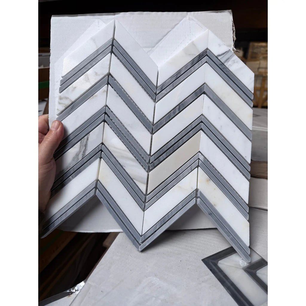 Calacatta Gold Chevron large mosaic marble tile in white gray blue-gray polished glossy finish