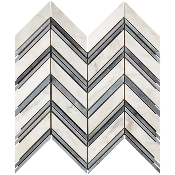 Calacatta Gold Chevron mosaic tile with blue-gray accents in polished or honed finish