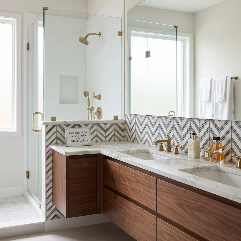 Modern double-sink vanity with calacatta gold chevron large blue-gray mosaic marble tile backsplash and gold fixtures