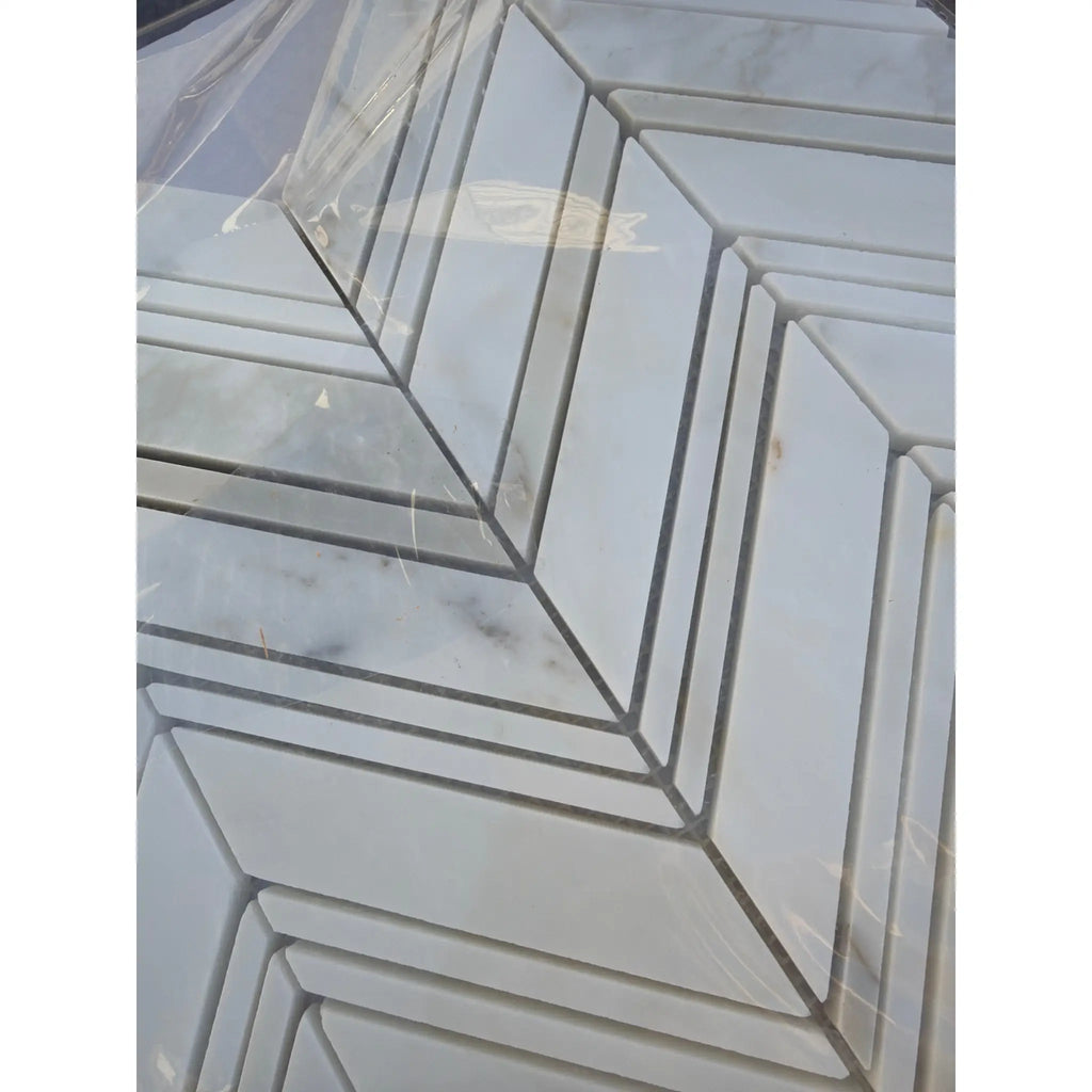 Calacatta Gold large chevron mosaic marble tile in polished white pattern