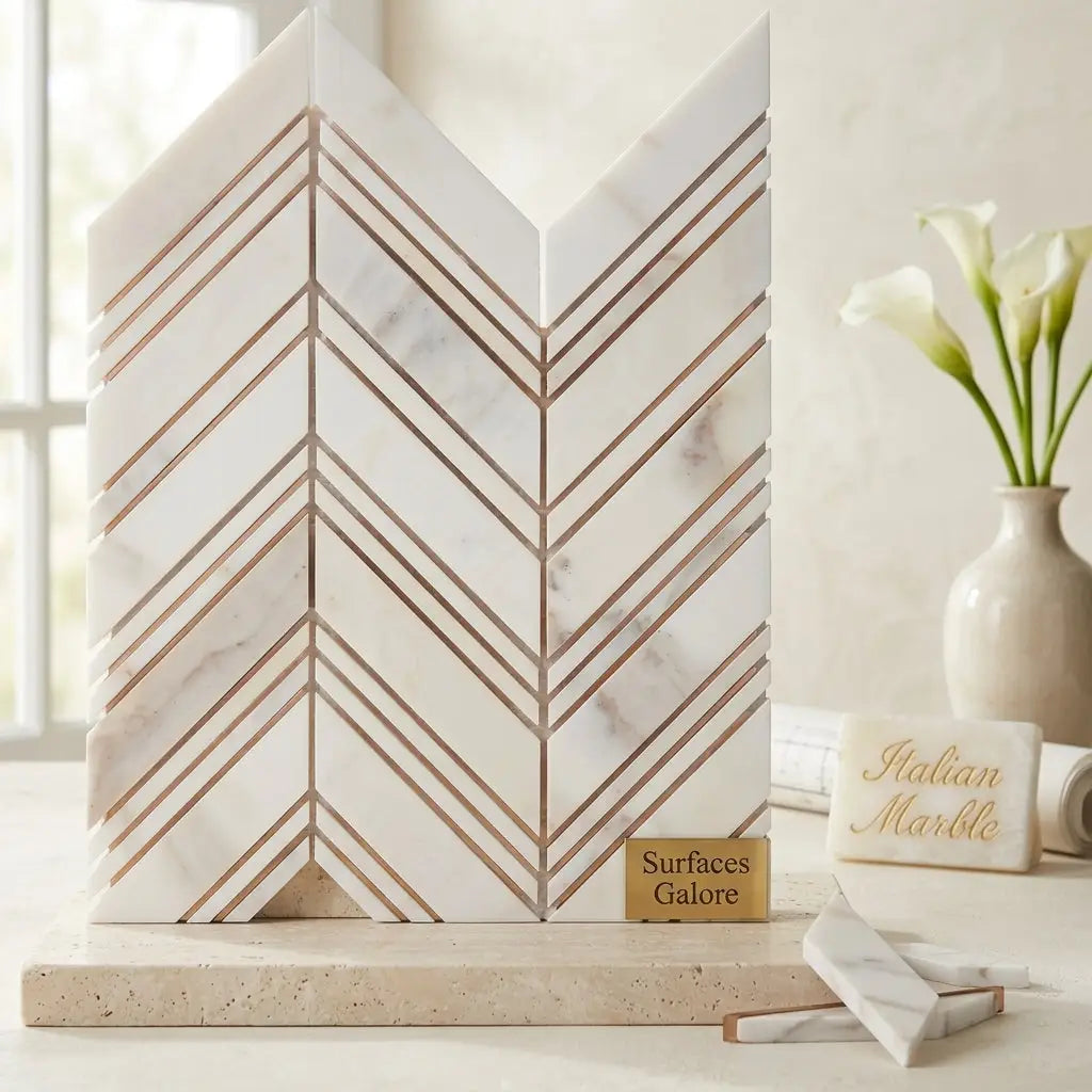 White marble bookends with rose gold metallic chevron stripes complement calacatta gold mosaic marble tile decor