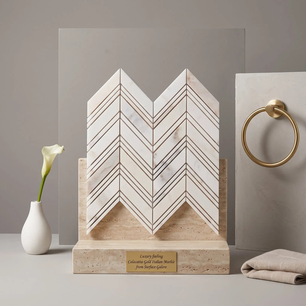 Calacatta gold chevron large mosaic marble tile display in white and gold polished calacatta gold italian marble