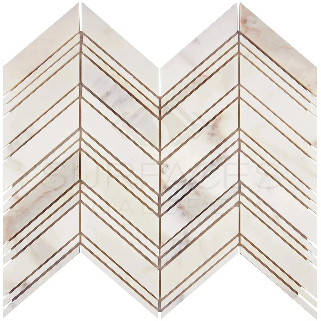 Calacatta Gold Chevron Mosaic Marble Tile in polished finish showcasing elegant patterns
