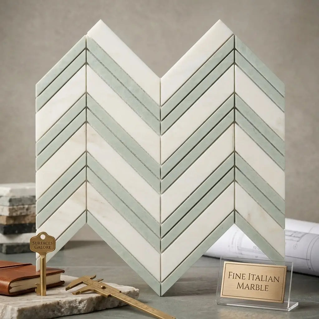 Calacatta Gold Chevron large mosaic marble tile panel in polished or honed finish with white and sage green chevron pattern