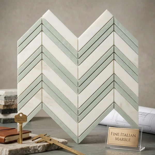 Calacatta Gold Chevron large mosaic marble tile panel in polished or honed finish with white and sage green chevron pattern