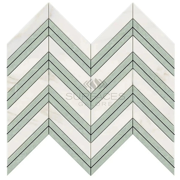 Calacatta Gold Chevron Mosaic Marble Tile with Ming-Green accents, polished or honed finish