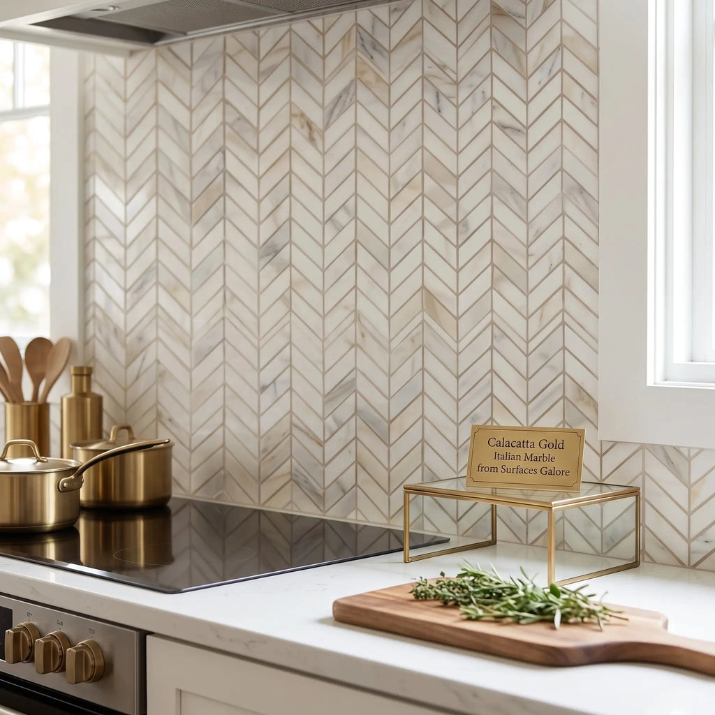 Calacatta Gold chevron Mini mosaic marble tile polished arranged in a herringbone pattern showcasing Italian marble