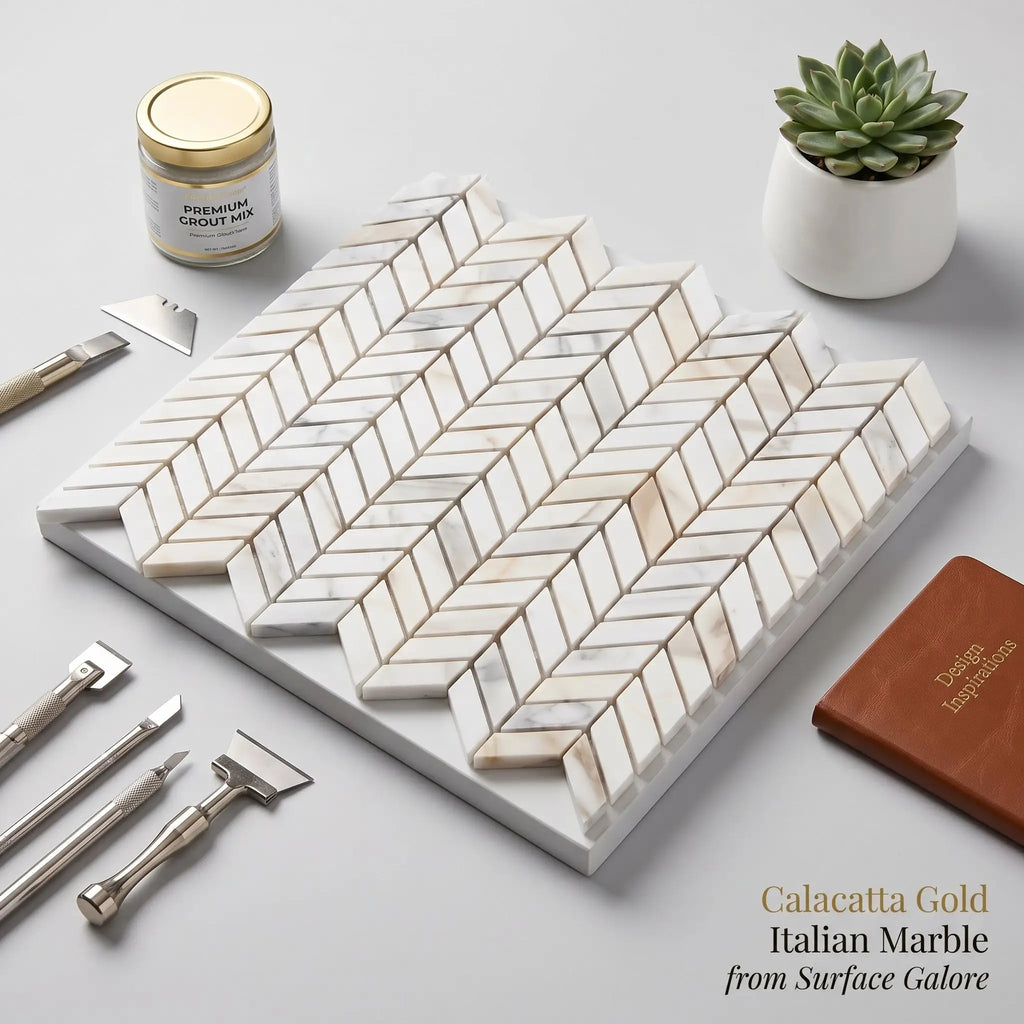 Calacatta gold chevron mini mosaic marble tile polished with sleek herringbone pattern and creamy white subtle veining
