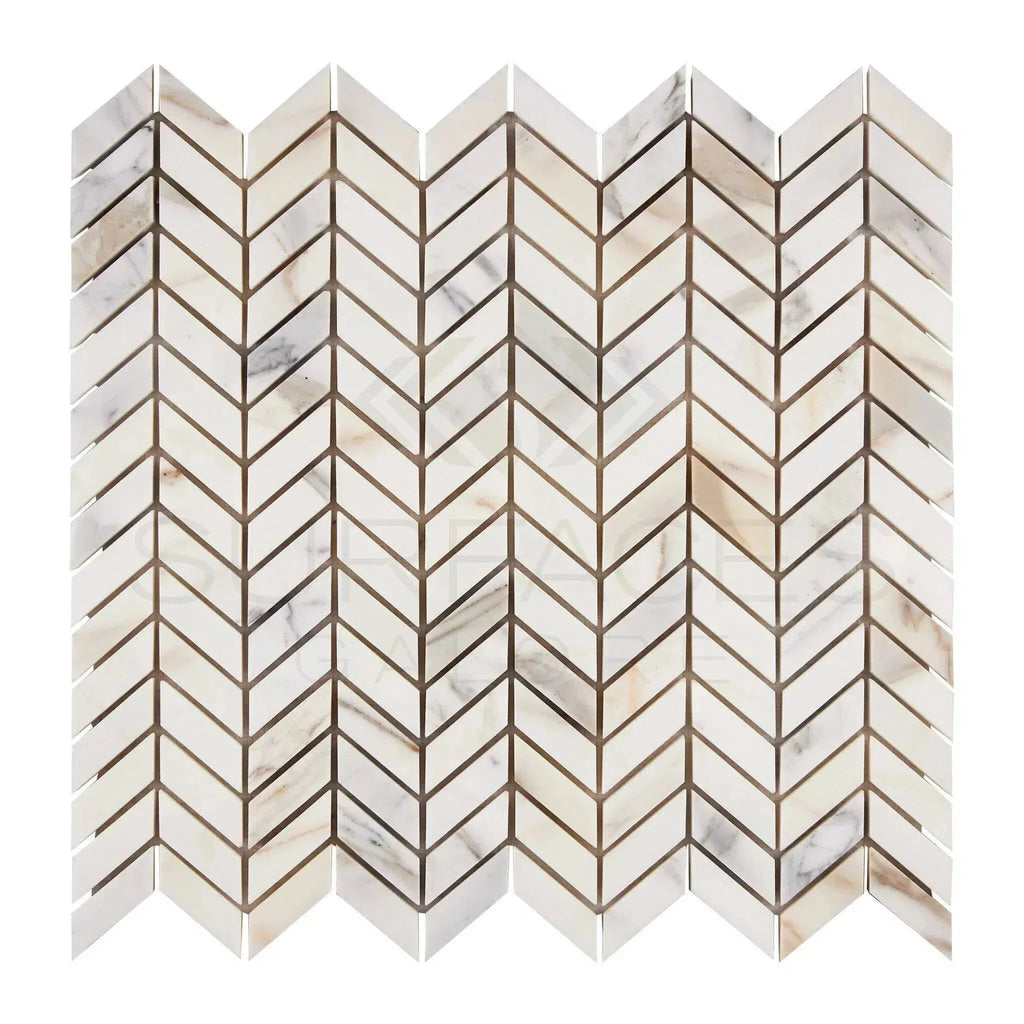 Calacatta Gold Chevron Mini Mosaic Marble Tile in polished and honed finishes