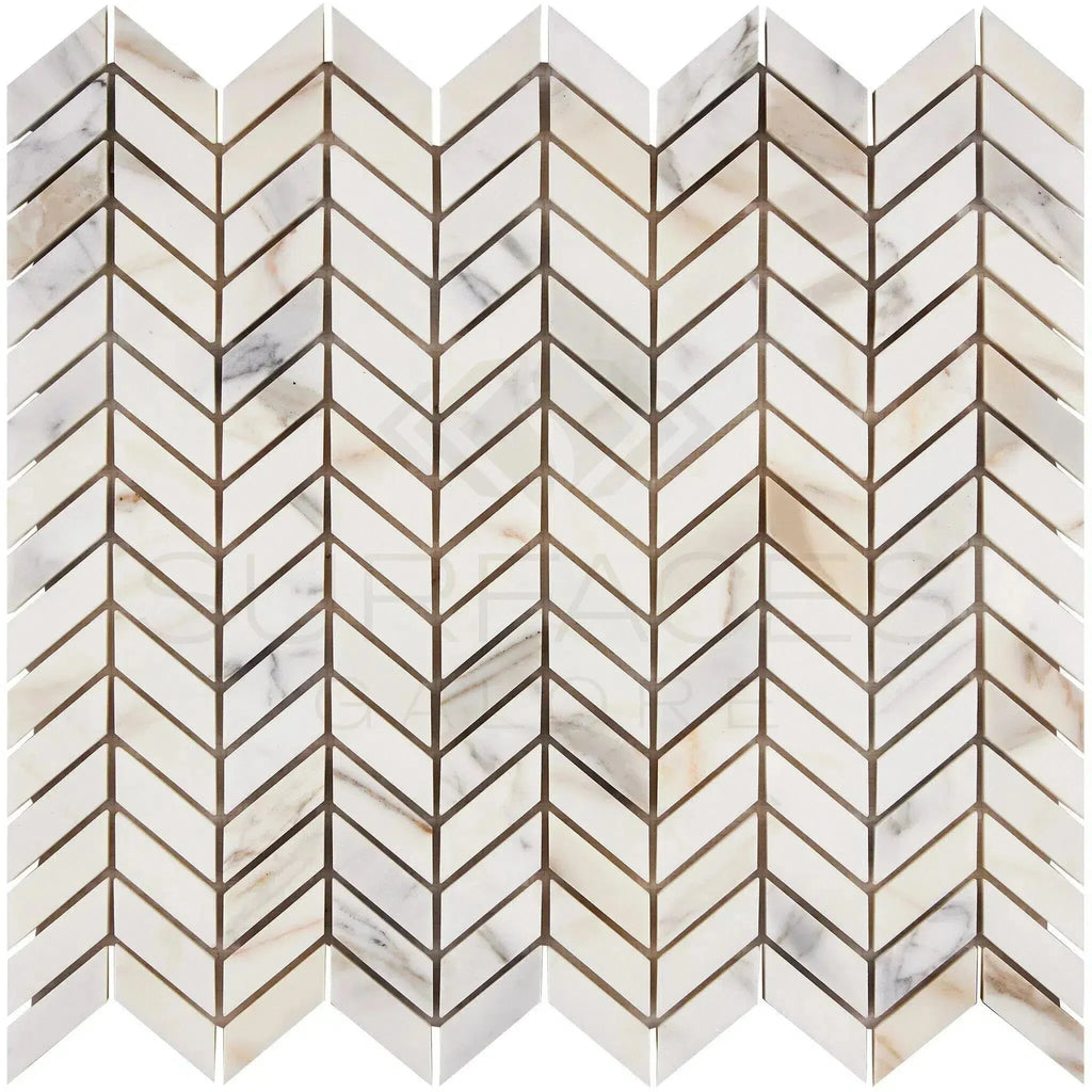 Calacatta Gold Chevron Mini Mosaic Marble Tile in polished or honed finish