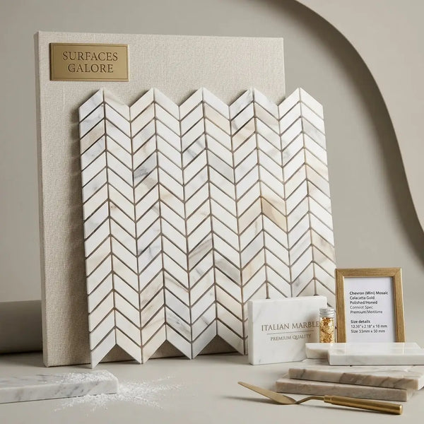 White marble calacatta gold chevron mini mosaic tile with polished honed finish in a chevron pattern