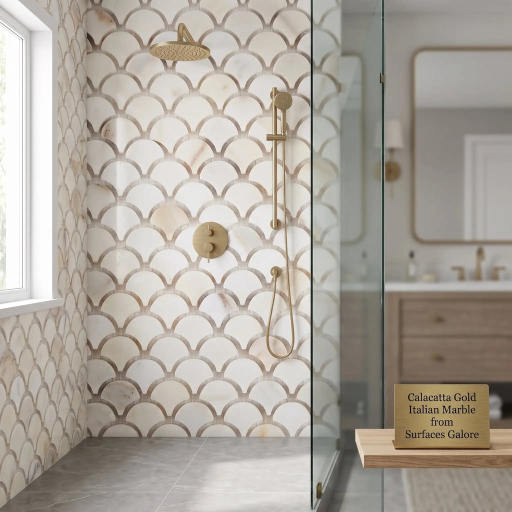Gold-toned showerhead with modern design on brass shower system set against calacatta gold fan raindrop mosaic marble tile