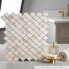 Calacatta gold fan raindrop mosaic marble tile with white and gold veined italian marble in a polished scalloped design