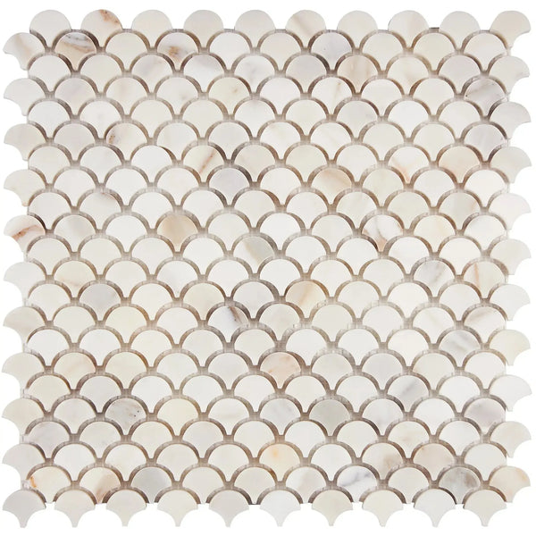 Calacatta Gold Fan Raindrop Mosaic Marble Tile showcasing scalloped design and polished finish