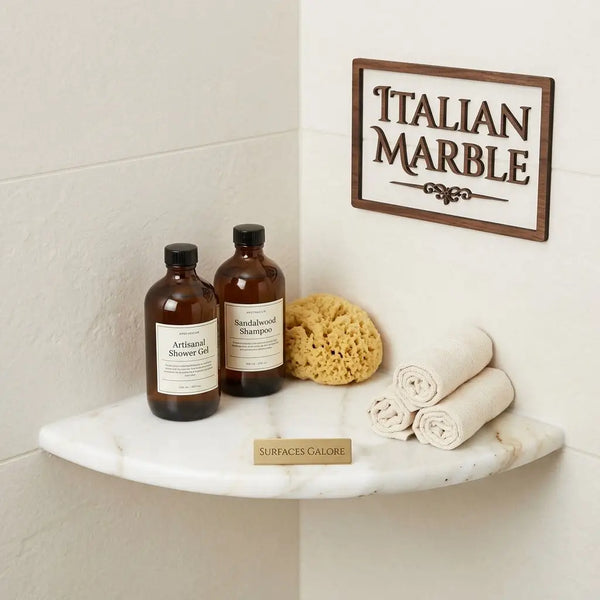 Calacatta Gold Italian marble shower corner shelf with white polished surface and subtle veining