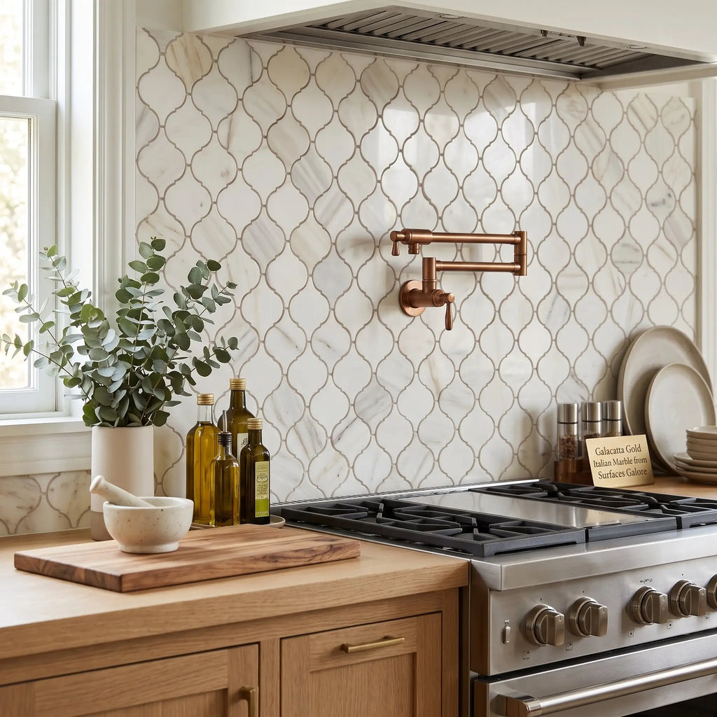 Copper-colored wall-mounted faucet with a sleek modern design paired with Calacatta gold lantern mosaic marble tile