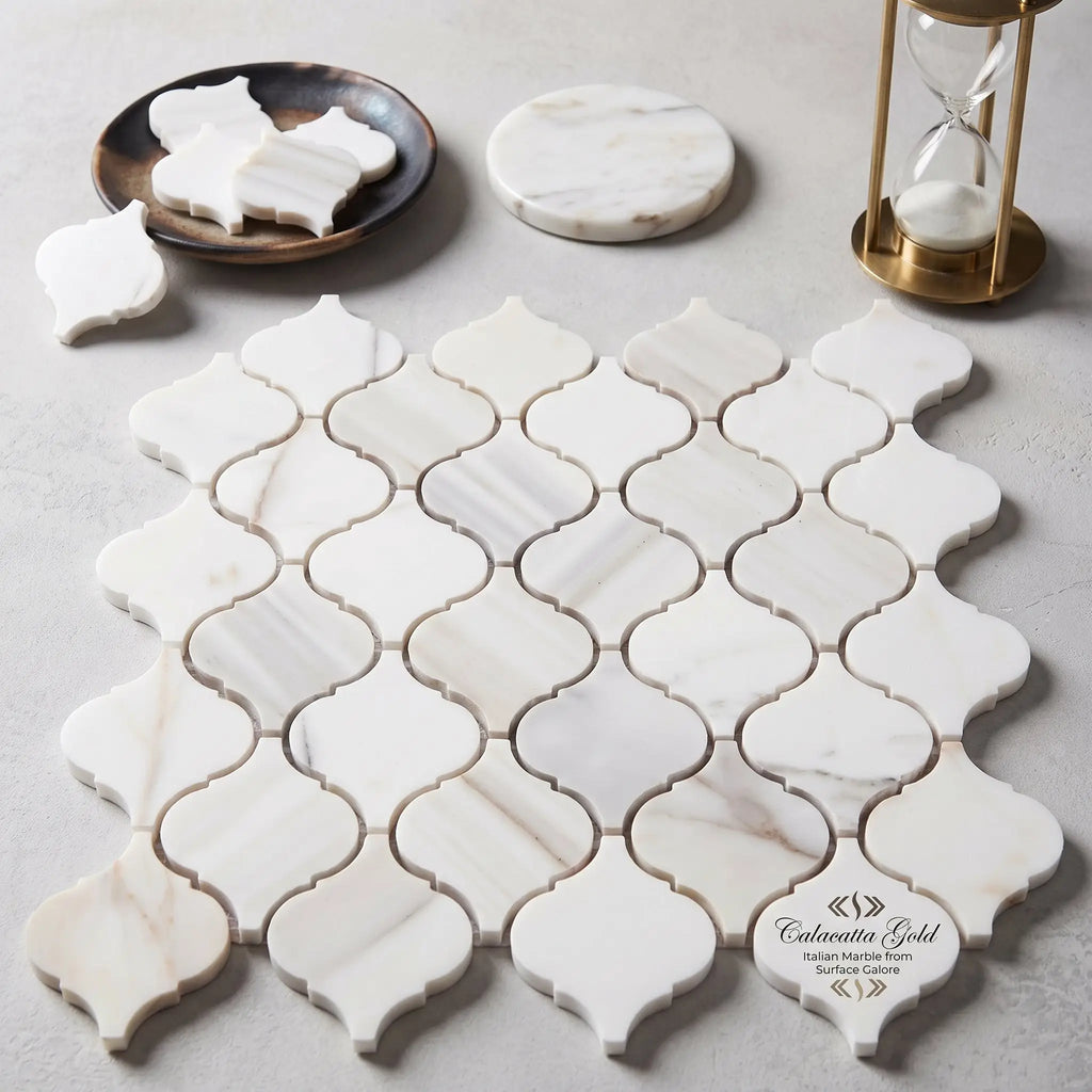 Calacatta gold lantern 3 inch white calacatta gold italian marble mosaic tile with polished quatrefoil shapes and veining