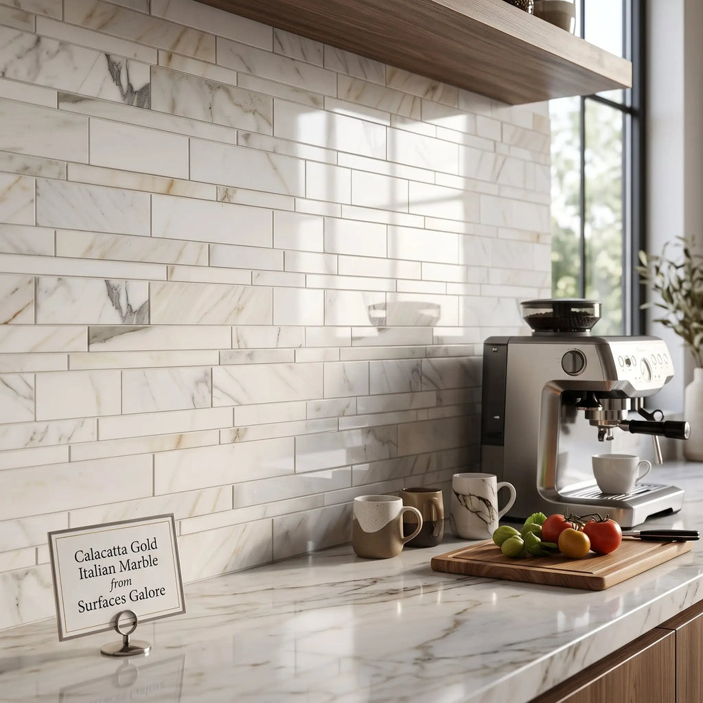 Calacatta gold manhattan random-strip mosaic marble tile polished or honed with white and gold veined italian marble subway tiles