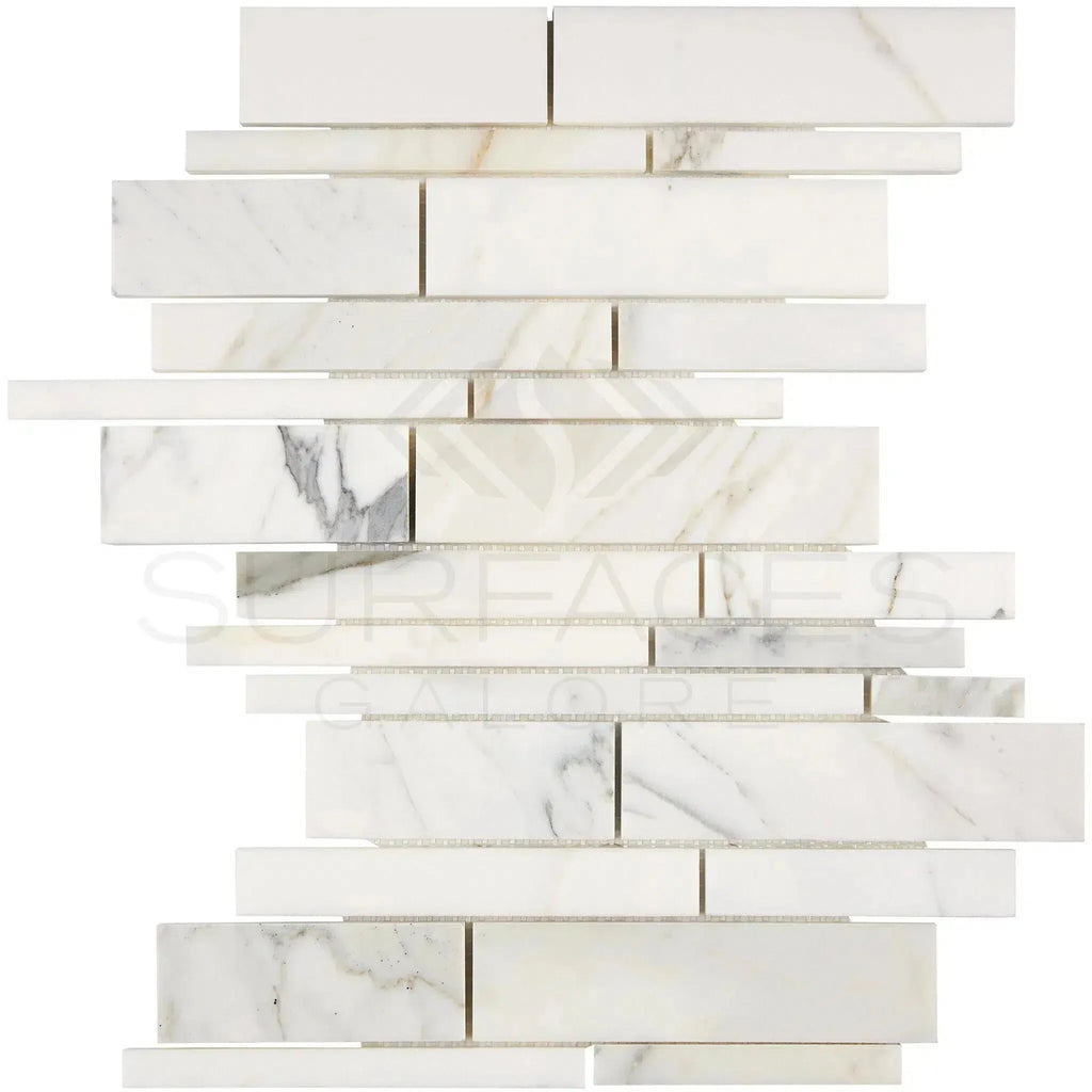 Calacatta Gold Manhattan Random-Strip Mosaic Marble Tile in polished or honed finish