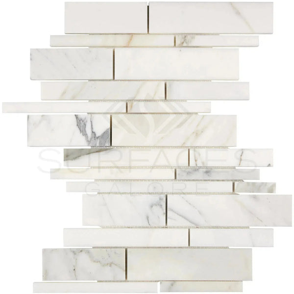 Calacatta Gold Manhattan Random-Strip Mosaic Marble Tile in polished or honed finish