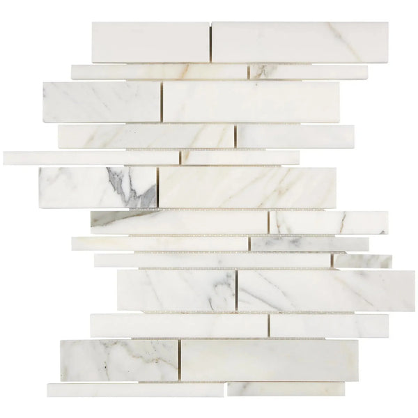 Calacatta Gold Manhattan Mosaic Marble Tile in polished finish featuring white marble