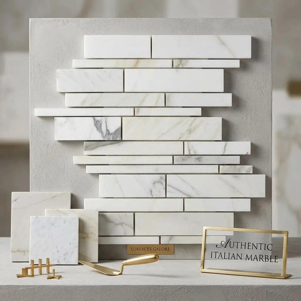 White italian calacatta gold manhattan mosaic marble tile panel with subtle gray veining in staggered brick pattern