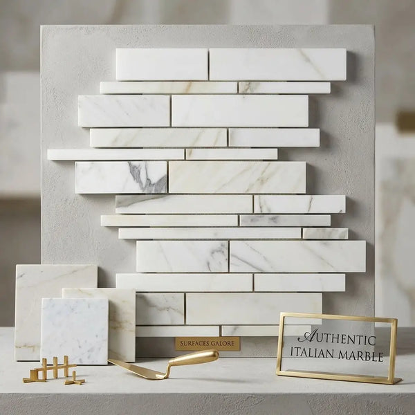White italian calacatta gold manhattan mosaic marble tile panel with subtle gray veining in staggered brick pattern