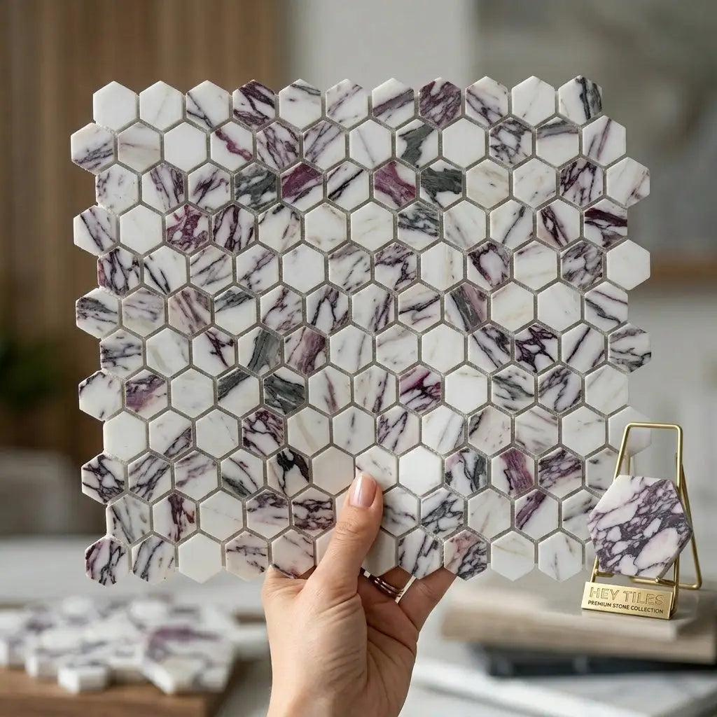 Hexagonal calacatta gold marble mosaic tile panel with white base and swirling purple black and gray veining polished or honed