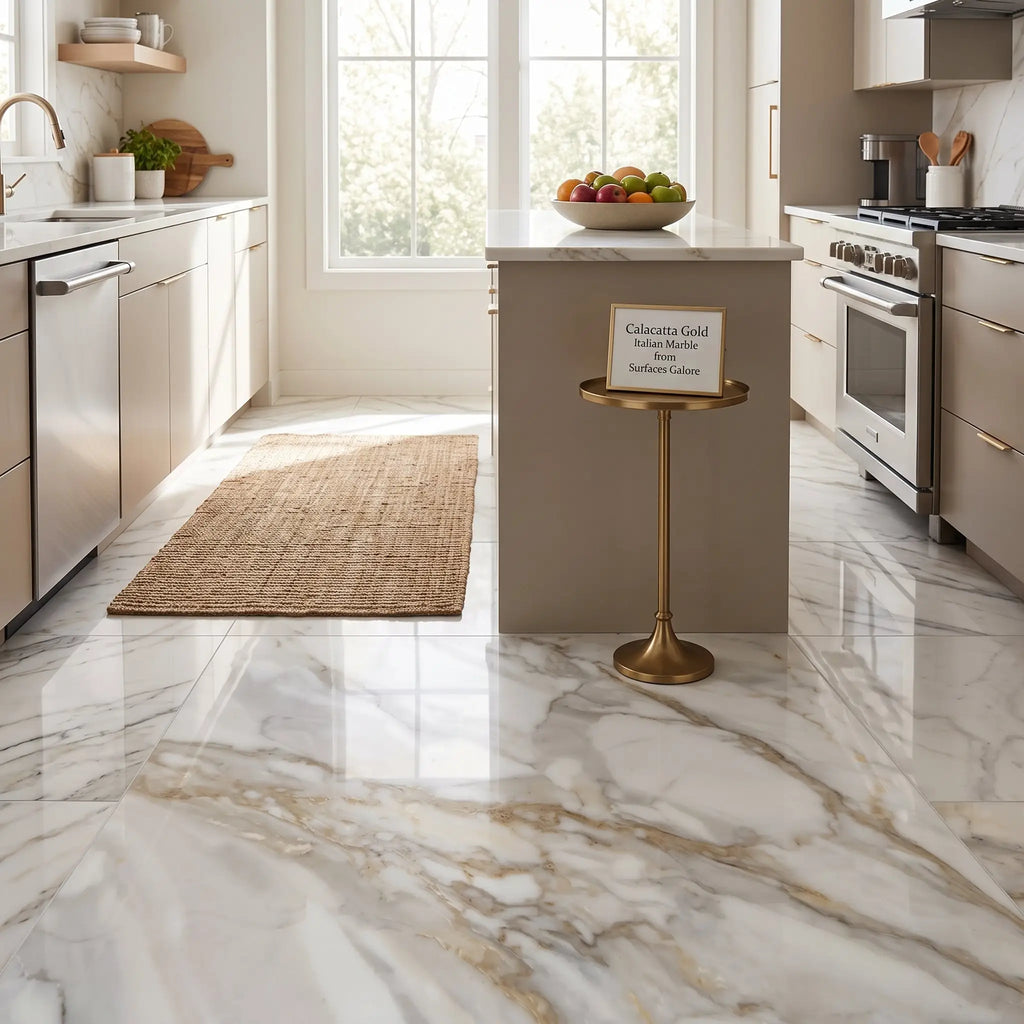 Calacatta gold marble 12x12 polished countertop with white and gold veined italian marble surface