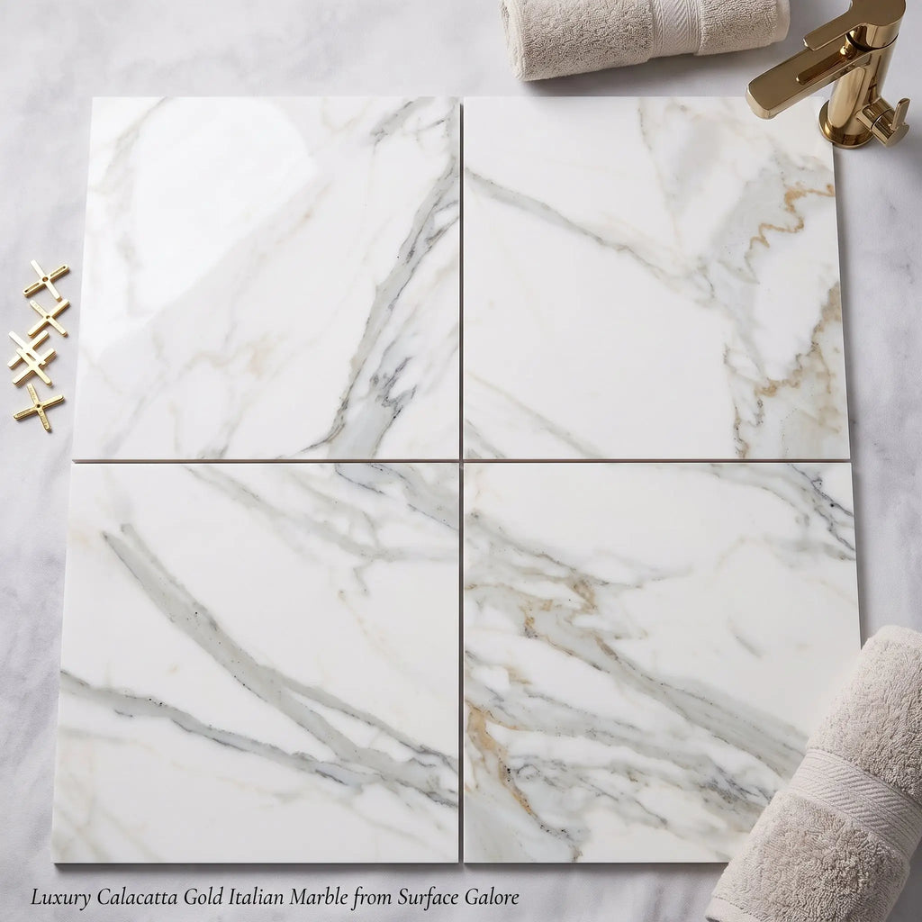 Luxury calacatta gold marble 12x12 tile with polished or honed finish featuring white base and gray gold veining