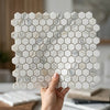 White and gray marble hexagonal mosaic tile panel in polished or honed calacatta gold marble 12x12 size