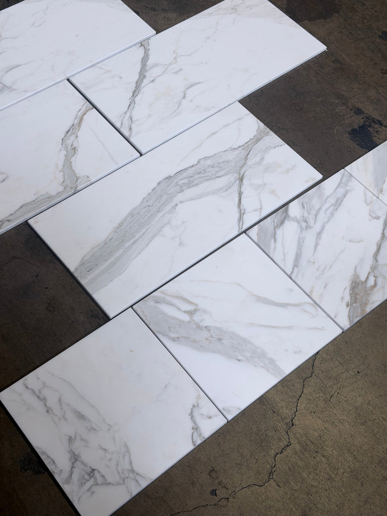Calacatta Gold Marble 12x12 polished rectangular tiles with white marble effect and gray veining