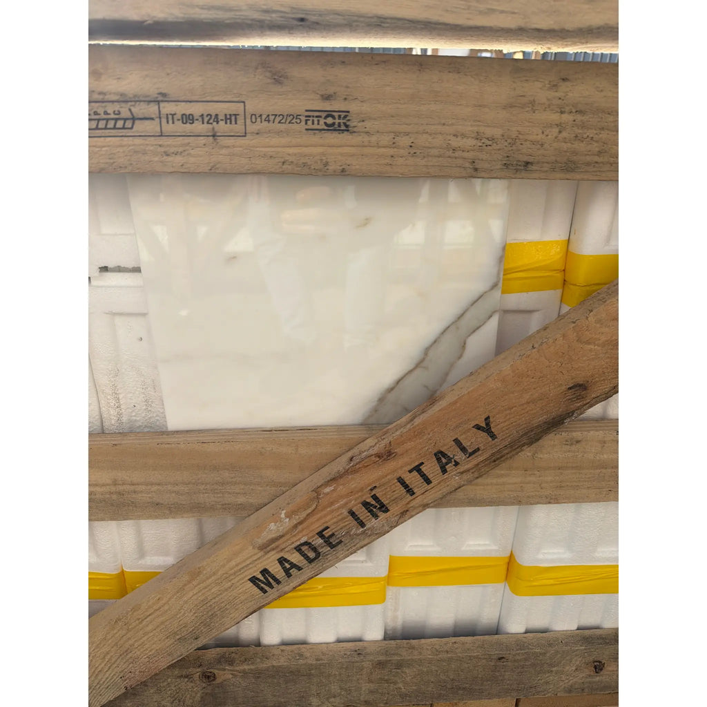 Calacatta Gold Marble 12x12 Polished slabs with gray veining, foam-packed