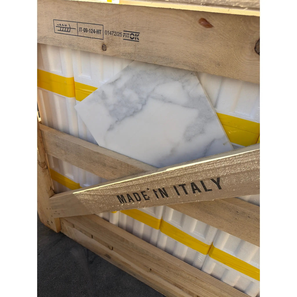 Calacatta Gold Marble 12x12 Polished, white with gray veins in Italy crate