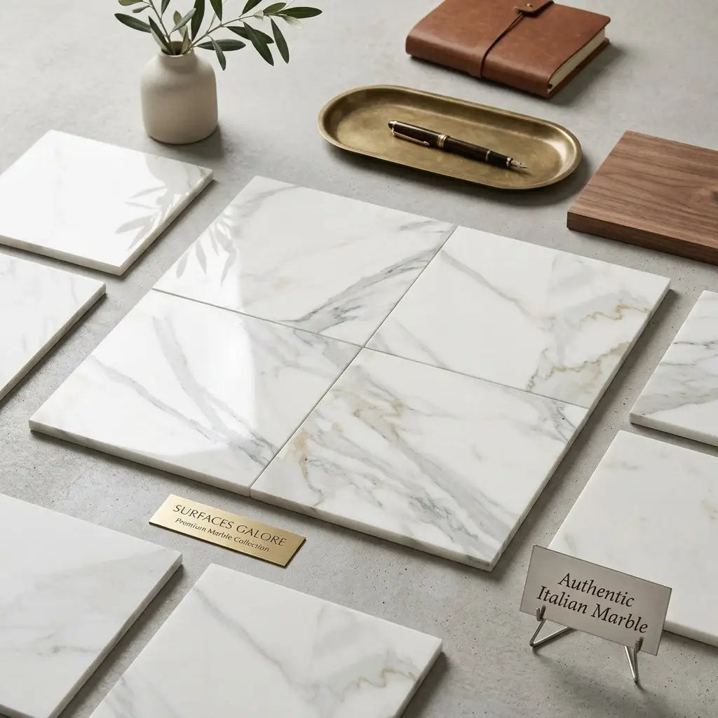 White marble tiles with gray and gold veining in a calacatta gold marble 12x12 polished or honed premium display