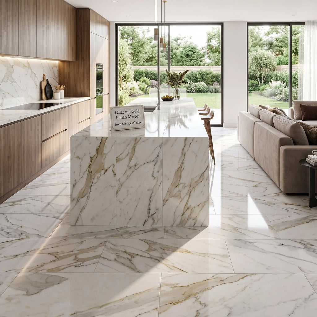 Calacatta gold marble 12x24 polished italian marble island with white and gold veined surface