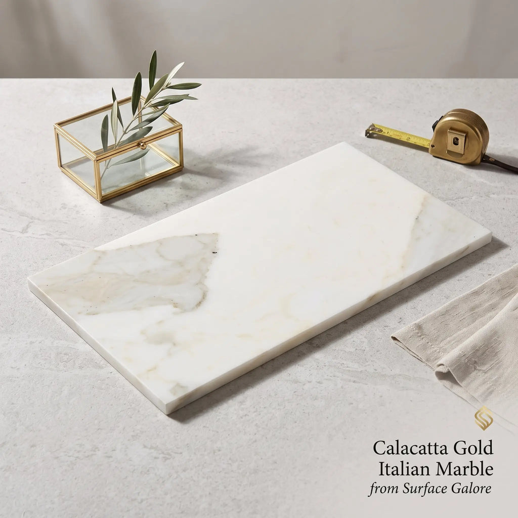A sleek 12x24 calacatta gold marble serving board with polished white surface and subtle veining
