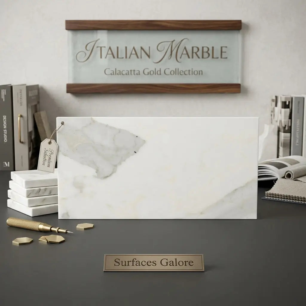 A sleek white calacatta gold marble slab with gold veining framed by wood from an italian marble collection