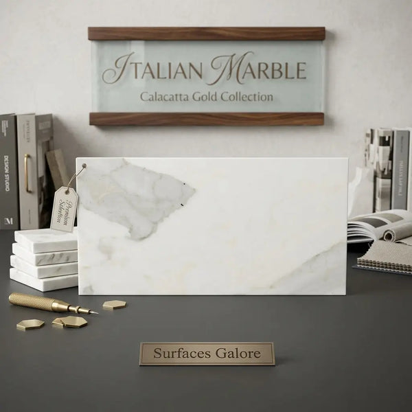 A sleek white calacatta gold marble slab with gold veining framed by wood from an italian marble collection