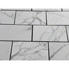 White marble-patterned tiles with dark grout from Calacatta Gold Marble 12X24 collection