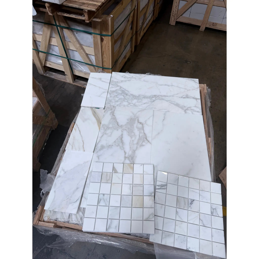 White Calacatta Gold Marble tile with gray veining in 12x24 polished or honed finish