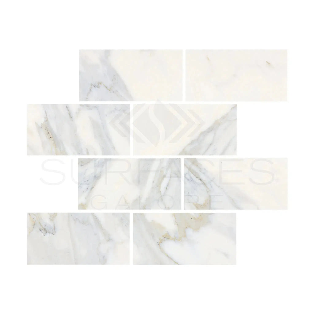 Marble-patterned rectangular tiles from Calacatta Gold Marble 12x24 collection