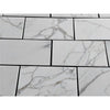 White marble-patterned tiles with dark grout from Calacatta Gold Marble 12X24 collection
