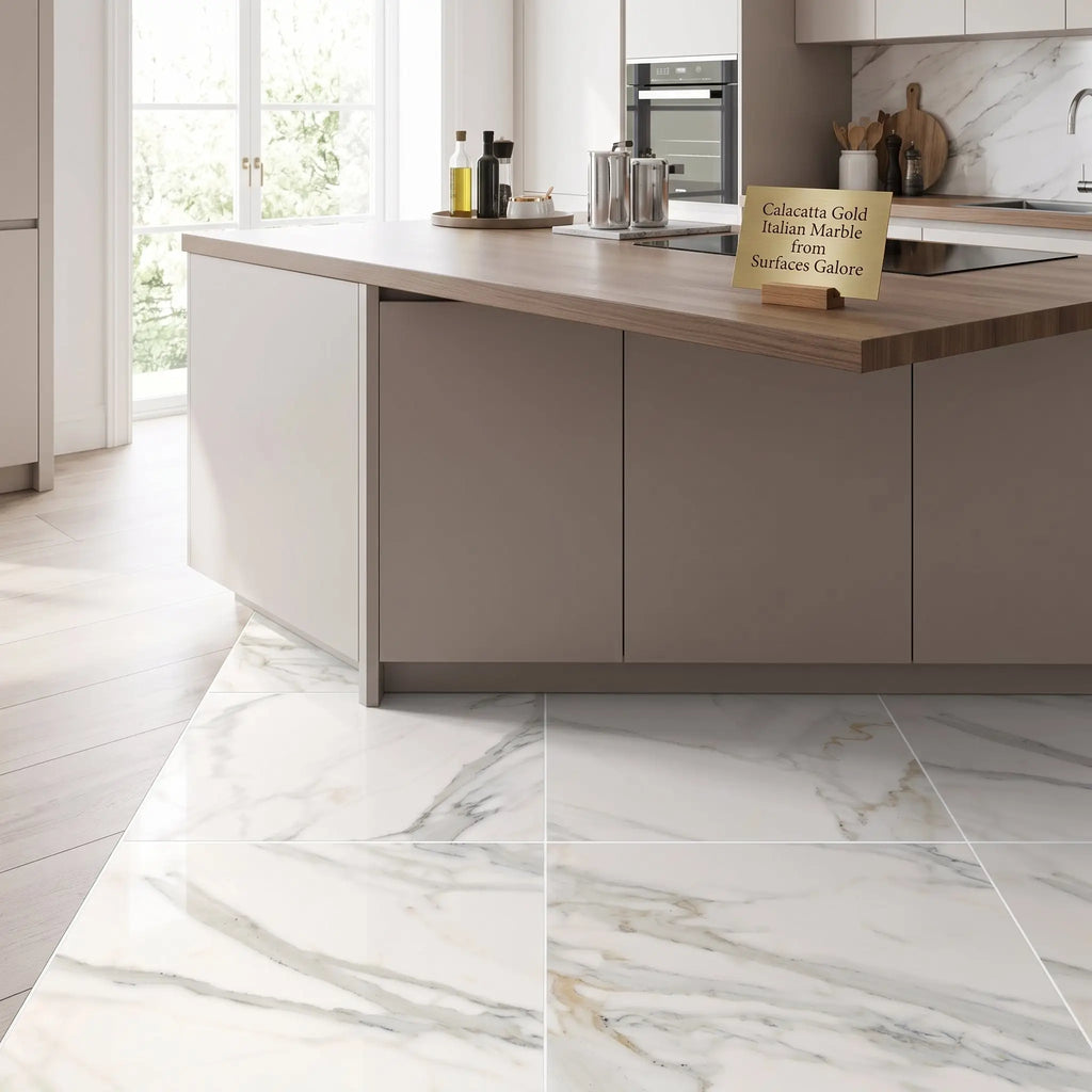 Calacatta gold marble 18x18 polished tile with elegant white and gold veining for refined interior surfaces