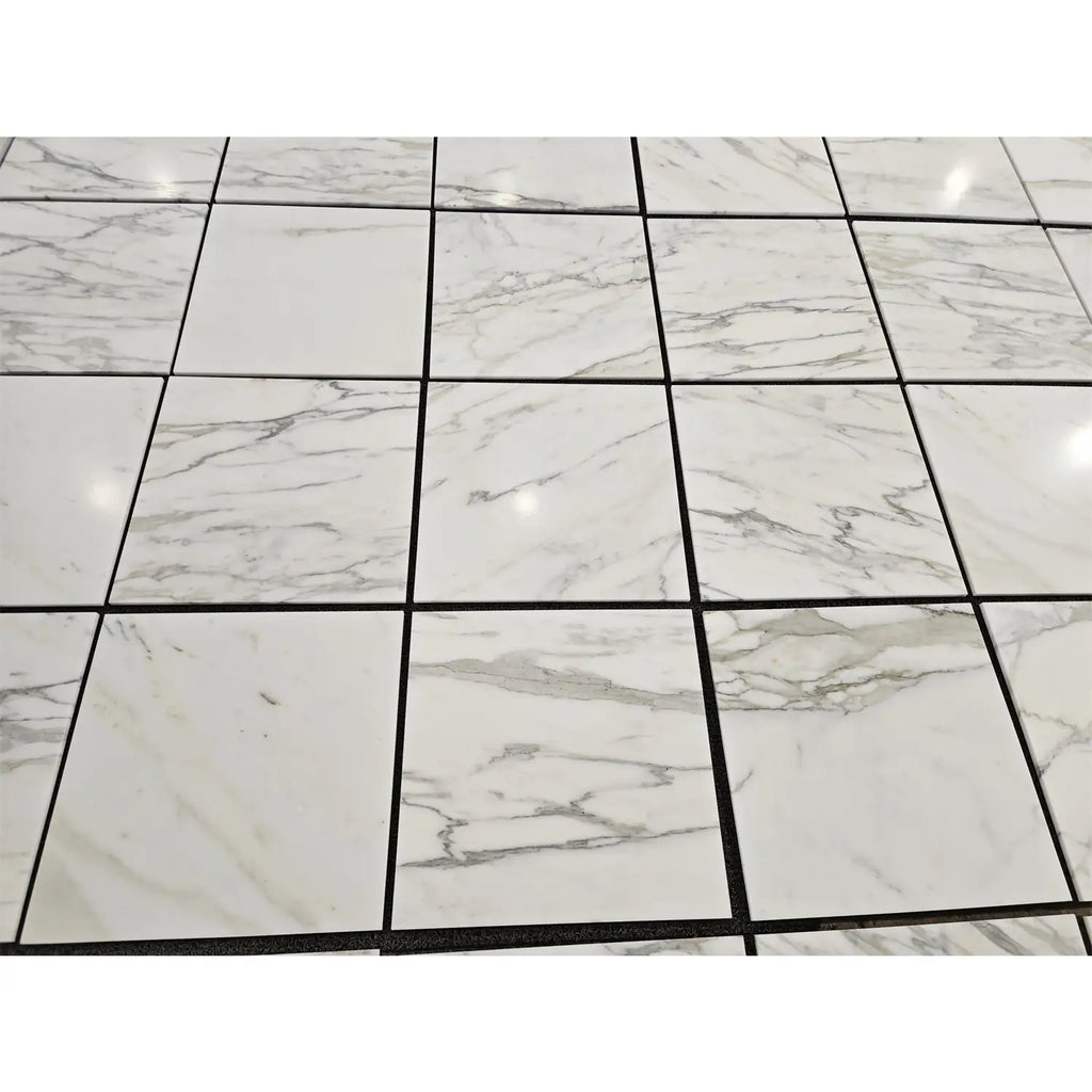 Calacatta gold marble 18x18 polished or honed white marble-effect floor tiles with gray veining and black grout lines