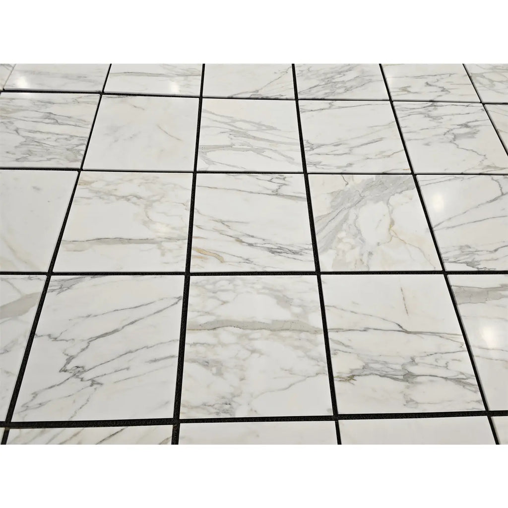 Calacatta gold marble 18x18 polished floor tiles white with gray veining and black grout lines