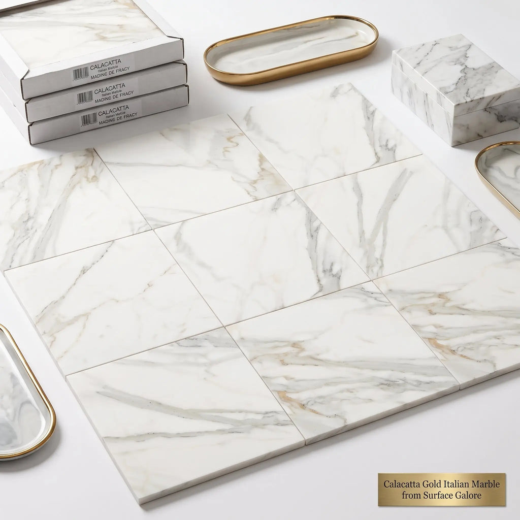 Calacatta gold marble 18x18 polished tile with white and gold veined surface from Surface Galore
