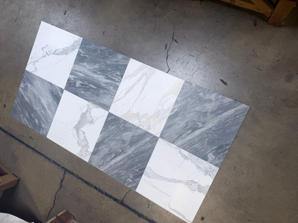 Calacatta Gold marble 18x18 polished tiles in checkerboard pattern